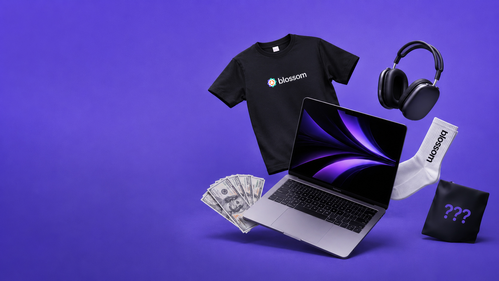 Blossom creator rewards — t-shirt, laptop, headphones, socks, cash and mystery box