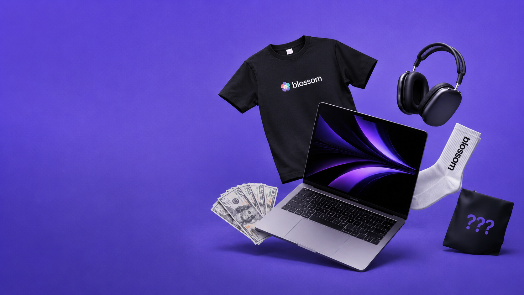 Blossom creator rewards — t-shirt, laptop, headphones, socks, cash and mystery box